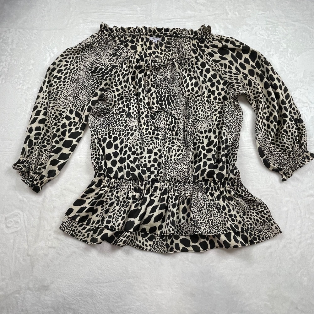 Agora Womens Leopard Print Ruffle Neck Smocked Peplum Blouse Black Cream Medium